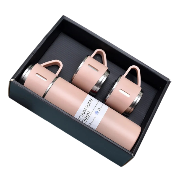 Dárková sada termosky s hrníčky 500 ml Nerezová termoska 23,9 × 6,6 cm se 3 hrníčky 6,6 × 5,9 cm Tepelná izolace 6–12 hodin Cestovní sada růžová