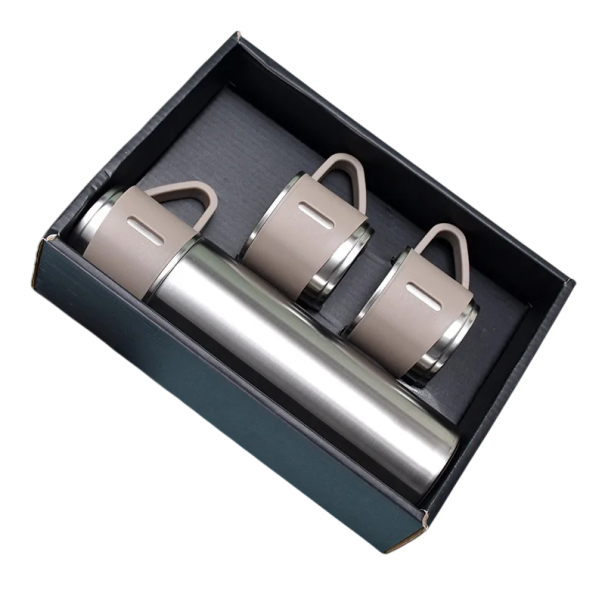 Dárková sada termosky s hrníčky 500 ml Nerezová termoska 23,9 × 6,6 cm se 3 hrníčky 6,6 × 5,9 cm Tepelná izolace 6–12 hodin Cestovní sada stříbrná