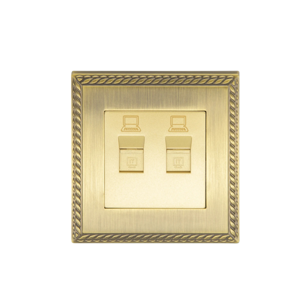 Datová zásuvka RJ45 dvojitá LAN – 2 porty, 86×90 mm, kovová zinková slitina, vintage rám, zlatá, univerzální do domácnosti i kanceláře 1