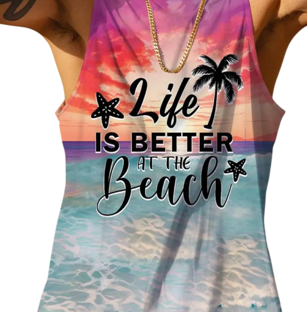 Débardeur d'été pour homme en matériau polyester Col rond Imprimé Life Is Better On The Beach Coupe droite légère XS