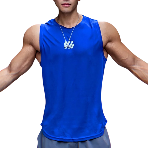 Débardeur de sport pour homme Unicolore Col rond Polyester à séchage rapide Matériau fonctionnel léger Pour l'entraînement et la course bleu L