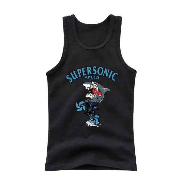 Débardeur en coton pour enfants avec impression de requin T-shirt uni sans manches avec encolure ronde Top d'été pour garçons et filles Débardeur confortable noir 10