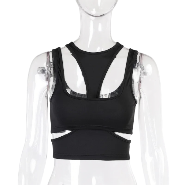 Débardeur femme uni Crop top Col rond Découpes Bretelles larges Polyester spandex extensible top moderne noir S