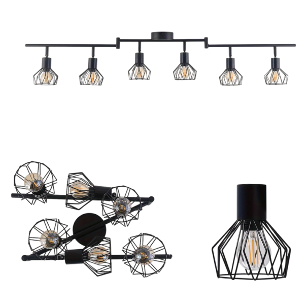 Deckenleuchte aus Metall mit 6 schwenkbaren Käfigschirm und E14-Fassungen, schwarz, Länge 117 cm, für Wohnzimmer oder Küche