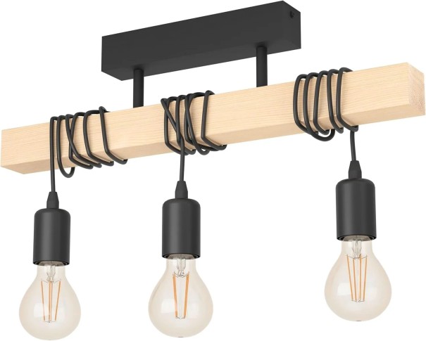 Deckenleuchte mit Holzträger und 3 E27-Fassungen im industriellen Stil, schwarzes Metall und naturbelassenes Holz, Länge 50 cm, für die Küche