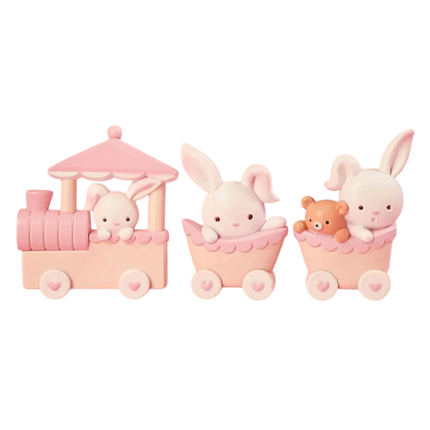 Decoração de bolo 5,7 cm Comboio com coelhos Decoração de bolo de três vagões Comboio rosa com coelhos Decoração para bolo infantil Adorno de aniversário 1