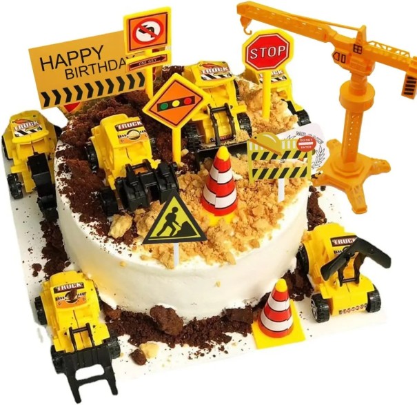 Decoração de bolo com carros de construção e sinais de trânsito 18 pcs Figuras plásticas amarelas de escavadora e grua Decoração de bolo para festa infantil 1