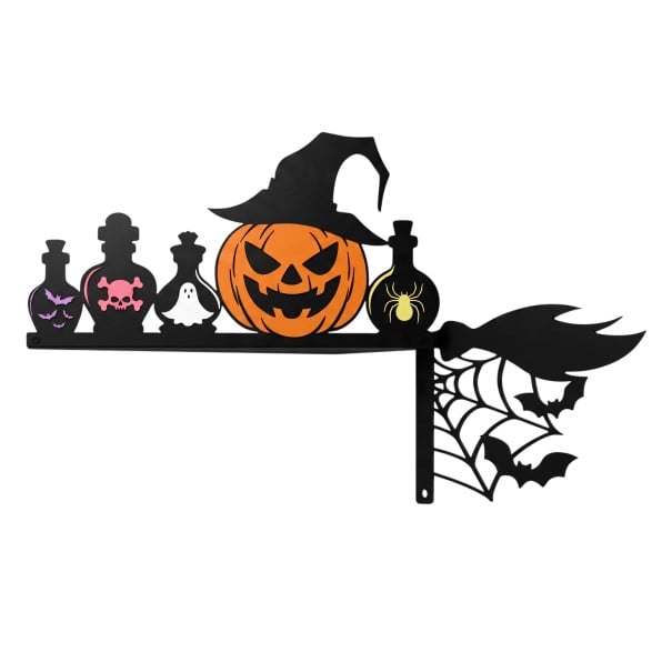 Decoração de canto para portas ou espelhos Halloween Abóbora com chapéu e frascos de poções 25 x 14,5 cm Preto e laranja Decoração de moldura e canto 1