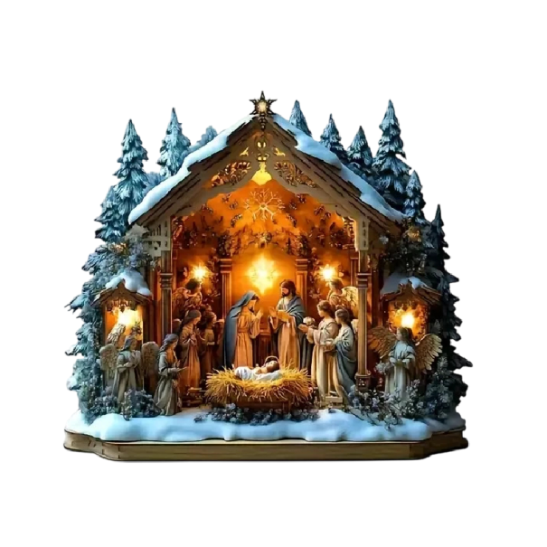 Decoração de Natal em acrílico 2D para mesa 15 x 15 cm Presépio Nascimento de Jesus Impressão desenhada Floresta nevada Ornamento de mesa Presente 1
