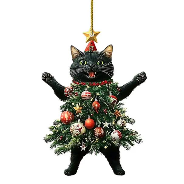 Decoração de Natal em acrílico forma de gato com corpo de árvore de Natal 6 x 8 cm decoração suspensa 2D para árvore de Natal decoração preto