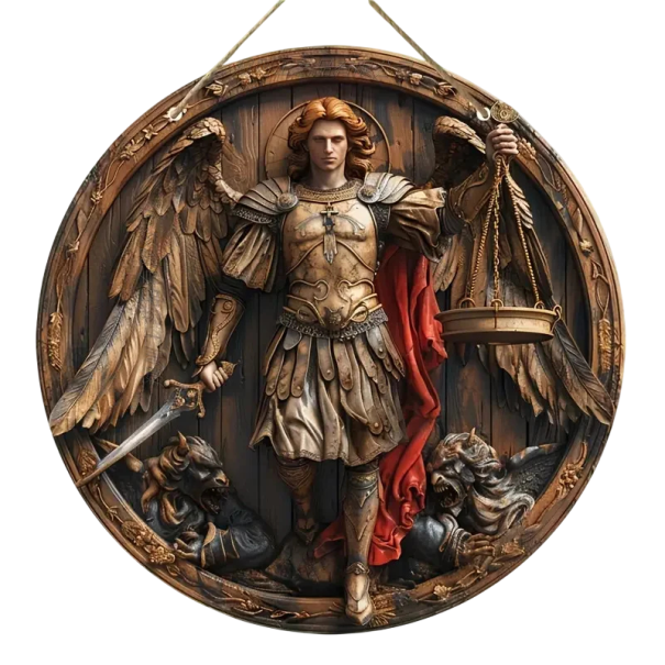 Decoração de parede em madeira anjo com espada e balanças 20 x 20 cm Disco redondo 2D Adorno em relevo plano Símbolo da justiça 1