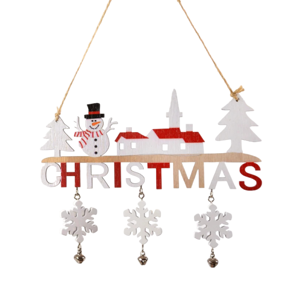 Decoração de porta em madeira com boneco de neve Decoração pendente para árvore de Natal Decoração de Natal com flocos de neve Placa pendente para porta 22 x 17 cm 1