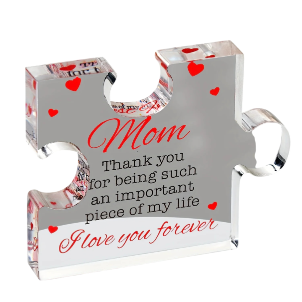 Decoração em acrílico transparente gravada em forma de puzzle 8,5 x 7 x 1 cm Presente de agradecimento para mãe com texto e corações Presente de luxo 1