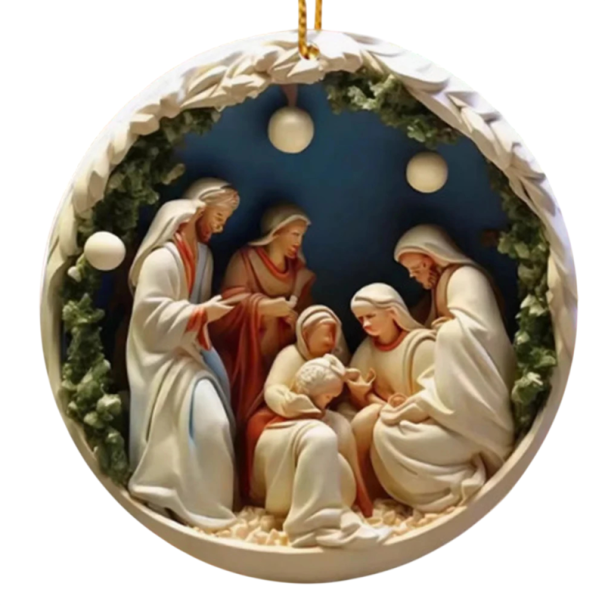 Decoração redonda em acrílico 2D presépio 8 x 8 cm Placa suspensa com motivo do nascimento de Jesus Ornamento de Natal interior exterior presente 1