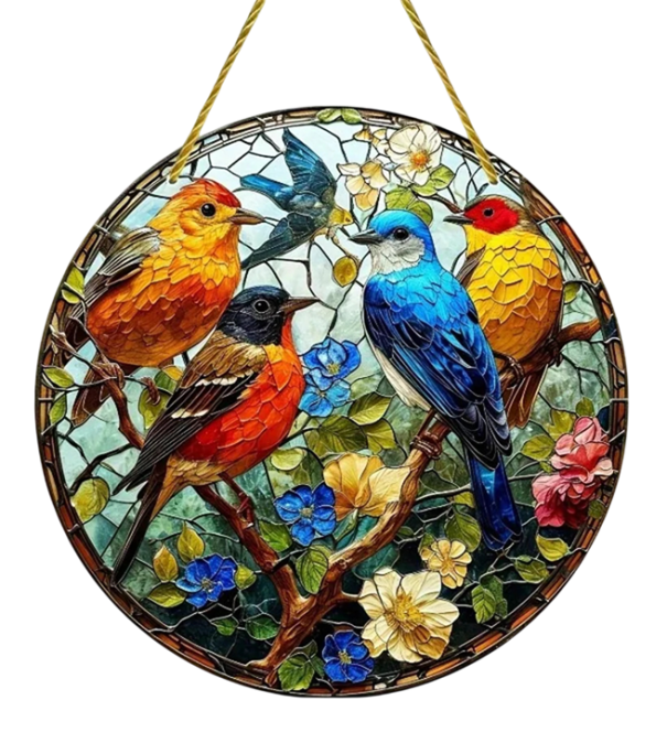 Decoração suspensa redonda em acrílico 2D Estilo vitral Pássaros coloridos em jardim florido Decoração luminosa para interior e exterior 1