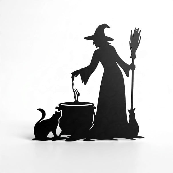 Decoración de Halloween para puertas Bruja junto al caldero con escoba y gato 29 x 30 cm Silueta negra Cartel decorativo Adorno de entrada y hogar 1