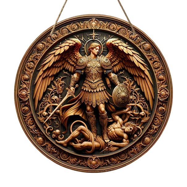 Decoración de pared de madera ángel con alas espada y escudo 20 x 20 cm Disco redondo 2D Adorno protector plano de interior 1