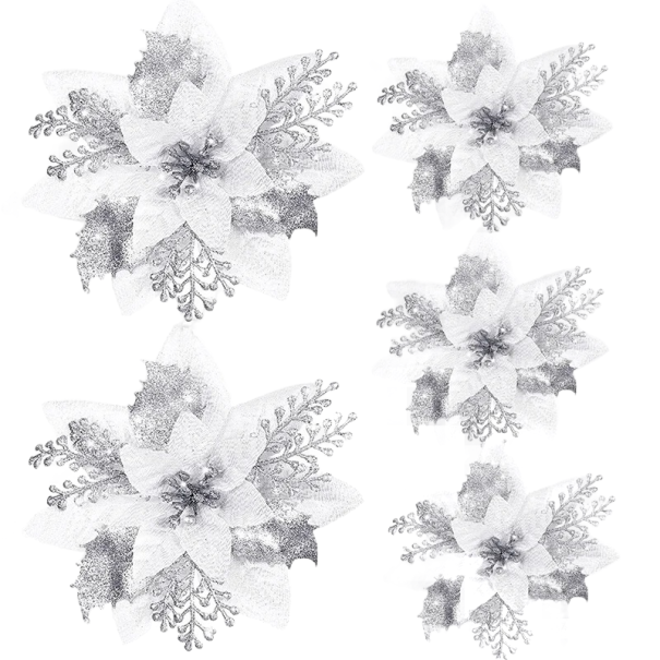 Decoración navideña con flores, 5 unidades blanco