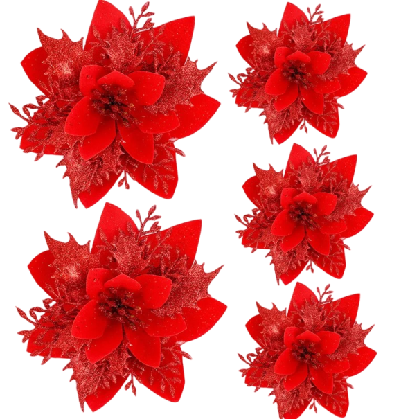 Decoración navideña con flores, 5 unidades rojo