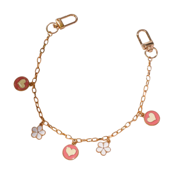 Decoratieve ketting voor handtas Gouden ketting met witte bloemetjes en hartjes Metaallegering Decoratieve modeketting voor handtas 1