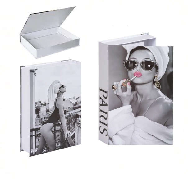 Decoratieve neppagina Paris – opbergruimte, openend, zwart-wit met motief van Audrey Hepburn en mode elegantie 1