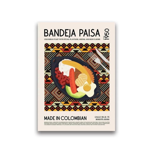 Decoratieve poster 30 x 40 cm Bandeja Paisa Wereldkeuken Afbeelding met voedsel Canvasprint Zonder lijst Wanddecoratie keuken 1