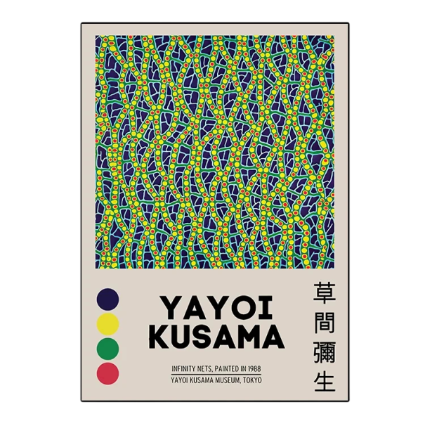 Decoratieve wandposter abstracte kleurrijke motief Yayoi Kusama stijl 40 x 60 cm print op canvas groen-geel-blauw-rood zonder lijst 1