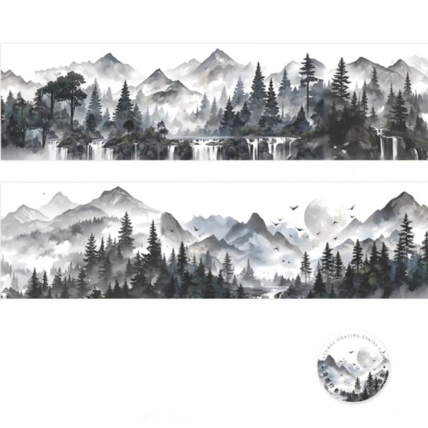 Decoratieve waterdichte tape 4 x 4,5 x 200 cm Motief bergen en bossen landschap DIY versiering voor beker schrift dagboek creatieve decoratie zwart