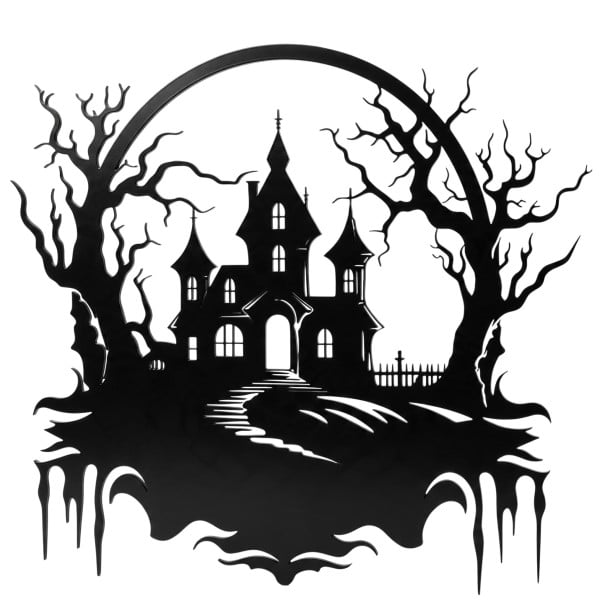 Décoration d'Halloween pour porte Maison Hantée avec tours et arbres 30 x 29 cm Silhouette en métal Fer Noir Panneau décoratif Décoration d'entrée 1