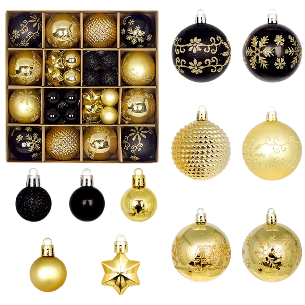 Décoration de Noël de luxe 44 pcs 3 - 6 cm Boules et étoiles noir et or Décorations de sapin de différentes tailles 1