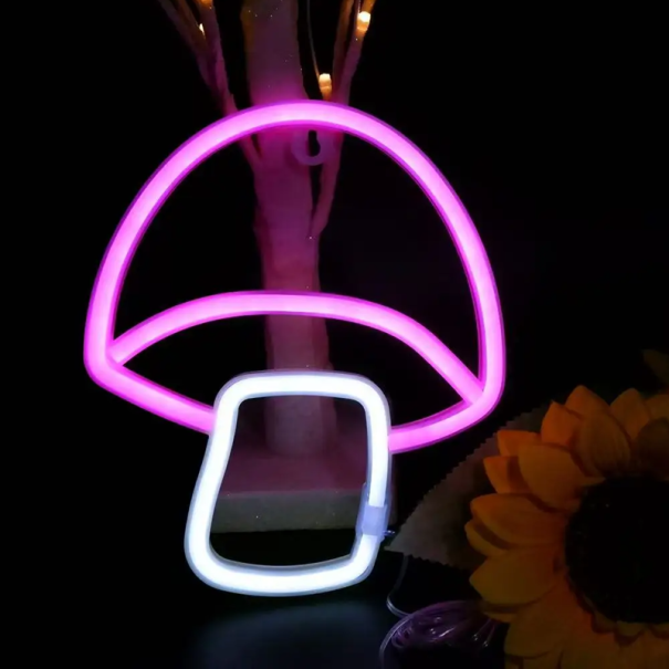 Décoration murale néon LED en forme de champignon Élément lumineux Décoration murale Alimenté par USB ou 3 piles AA rose