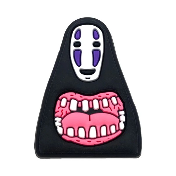 Décoration pour crocs personnage avec masque tenant la bouche PVC ornement pour chaussures noir blanc rose avec détail violet facile à fixer 1