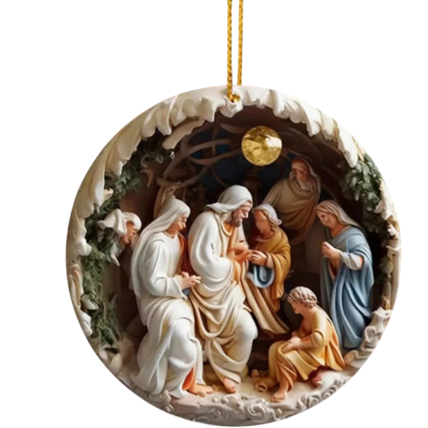 Décoration ronde de Noël en acrylique 2D Crèche 8 x 8 cm Ornement suspendu Naissance de Jésus Décoration de Noël pour sapin intérieur extérieur cadeau 1