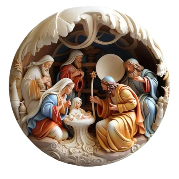 Décoration ronde en acrylique 2D Crèche 8 x 8 cm Plaque de Noël suspendue Naissance de Jésus, Jésus, Vierge Marie, Trois Rois Décoration de Noël 1