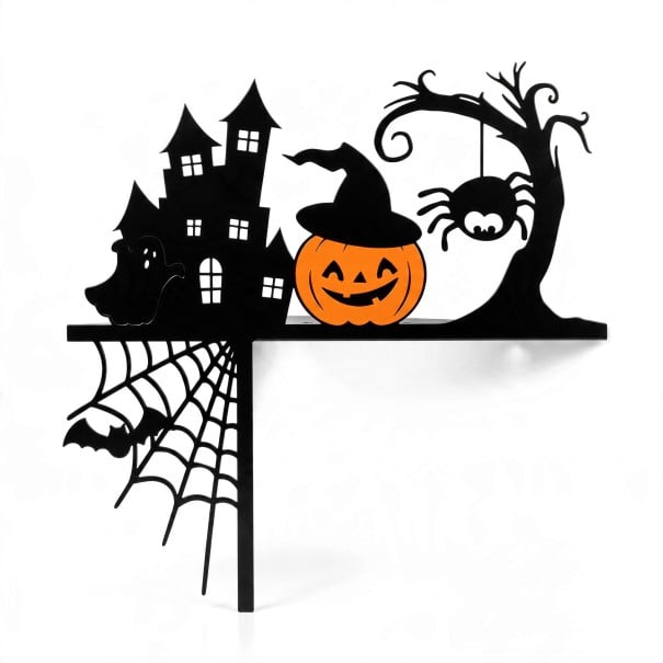 Decorațiune colțară de Halloween pentru ușă sau perete Castel înfricoșător și dovleac cu pălărie 20 x 20 cm Negru și portocaliu Decorațiune 1
