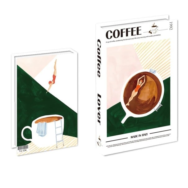 Decorațiune falsă carte COFFEE Lover 1992 Fabricat în Italia Neotevărată fantezie de carte Design retro cu motiv de cafea Accesoriu elegant 1