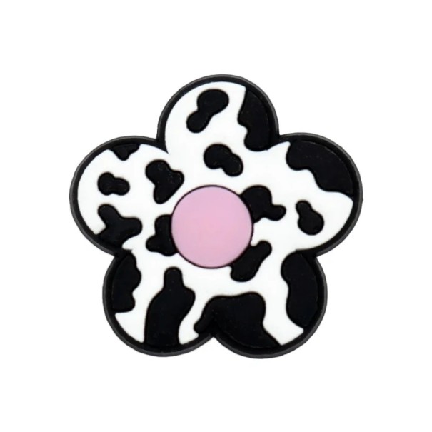 Decorațiune pentru crocs floare cu model de vacă 2–3 cm PVC negru și alb accesoriu pentru încălțăminte crocs cu centru roz 1