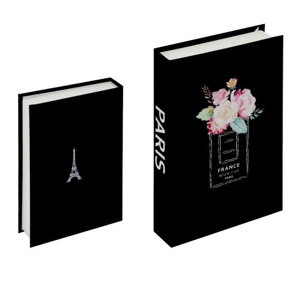Decorative Faux Book PARIS with Eiffel Tower and Floral Motif Black and White Design 1