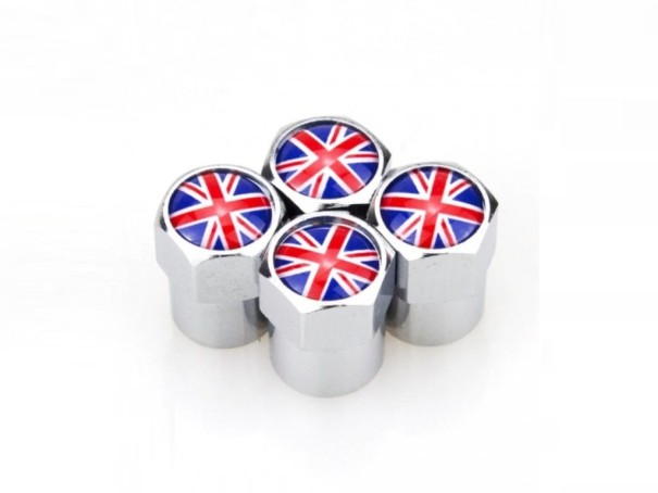 Decorative tyre valve caps featuring the British flag Aluminium body Hexagonal shape Shiny metal finish Set of 4 pieces red