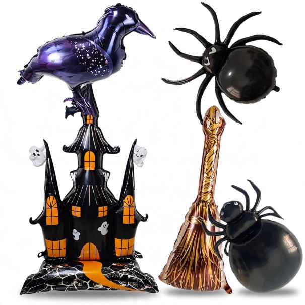 Decorazione di Halloween Palloncini Gonfiabili 5 pz Casa Stregata 150 x 106 cm Corvo Scopa e 2 Ragni Nero Arancione e Viola 1