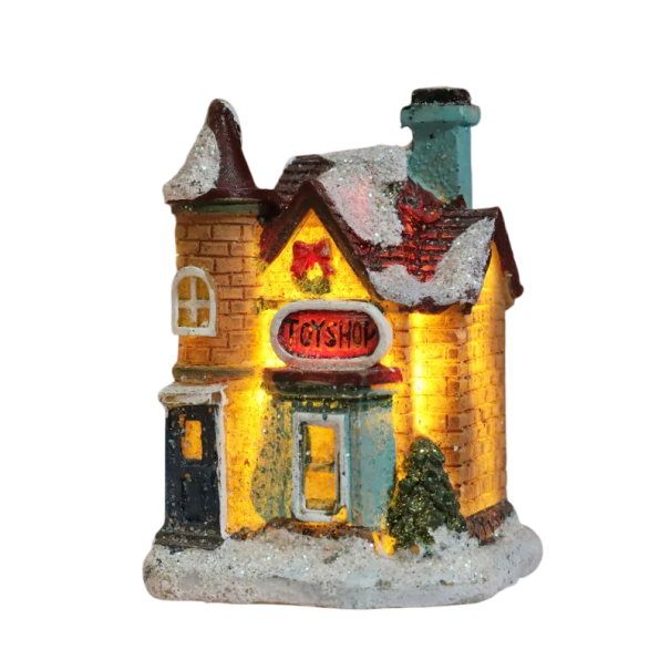 Decorazione natalizia casa in mattoni a due piani con luce LED interna Struttura in resina Pareti traslucide Alimentazione 3× batterie AG13 1