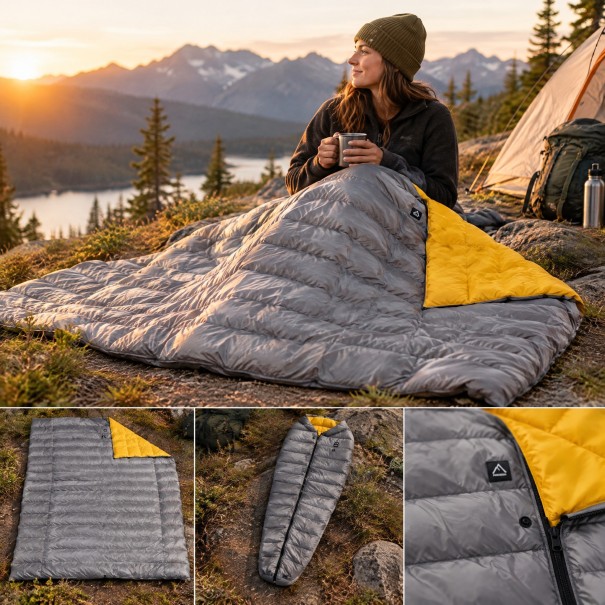 Deka de plumas acolchada ultraligera Komfort de 5 °C Tamaño 194 x 134 cm Plumas de pato 850 FP y nylon 10D Gris y amarillo Para acampar y hacer senderismo 1