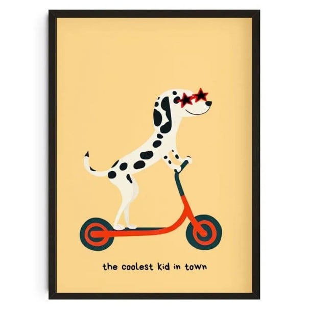 Dekoraatioplakaatti dalmatialaisesta skeittilaudalla aurinkolaseilla 50 x 70 cm kangastuloste värillinen kuvaus lastenhuoneeseen ilman kehystä 1
