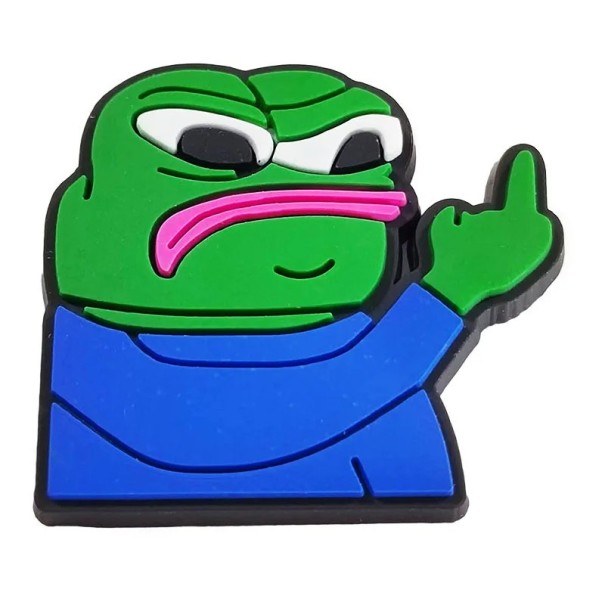 Dekorace na crocsy animovaná postava žabáka s prostředníčkem PVC zelená modrá ozdoba do nazouváků crocs doplněk 1