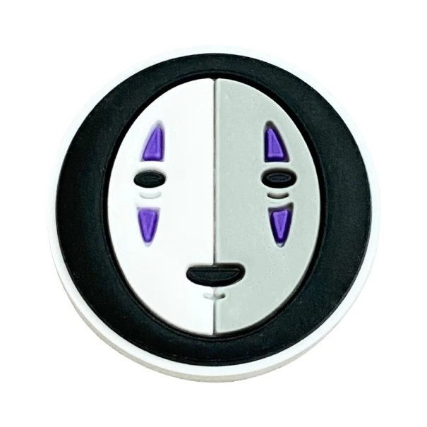 Dekorace na crocsy dvoubarevná maska PVC ozdoba na boty černobílý design s fialovými detaily pro stylovou personalizaci obuvi 1