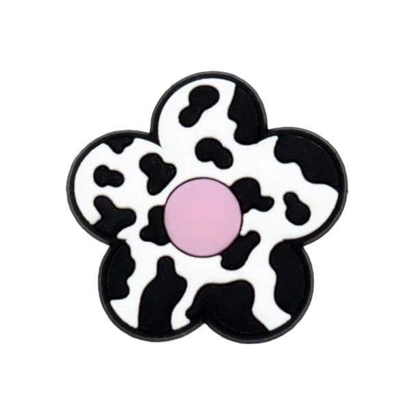 Dekorace na crocsy květina s kravským vzorem 2–3 cm PVC černo bílá ozdoba do bot doplněk pro crocs obuv s růžovým středem 1