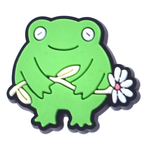 Dekorace na crocsy žába s květinou PVC zelená ozdoba do crocs obuvi doplněk na nazouváky s motivem žáby a květu 1