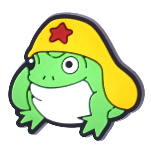 Dekorace na crocsy žába se žlutou čepicí PVC zeleno žlutá ozdoba do crocs obuvi doplněk na nazouváky s motivem žáby 1