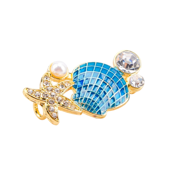 Dekorace na tkaničky bot modrá mušlička s kamínky kov zlatá ozdoba na tkaničky doplněk pro šněrovací obuv s mořským motivem 1