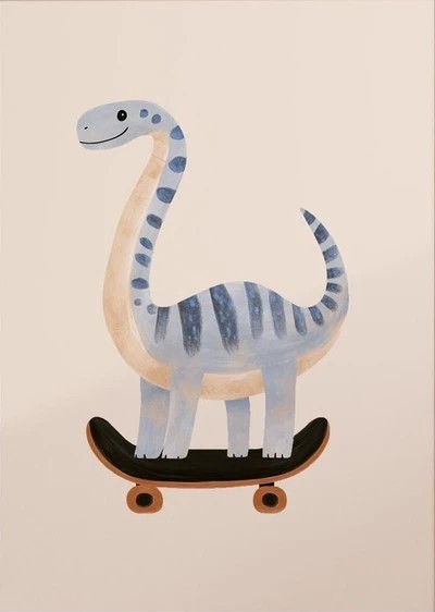 Dekorační obraz 40 x 50 cm Modrý dinosaurus Brontosaurus na skateboardu Ilustrovaný plakát na plátně Dětský obraz Bez rámu 1